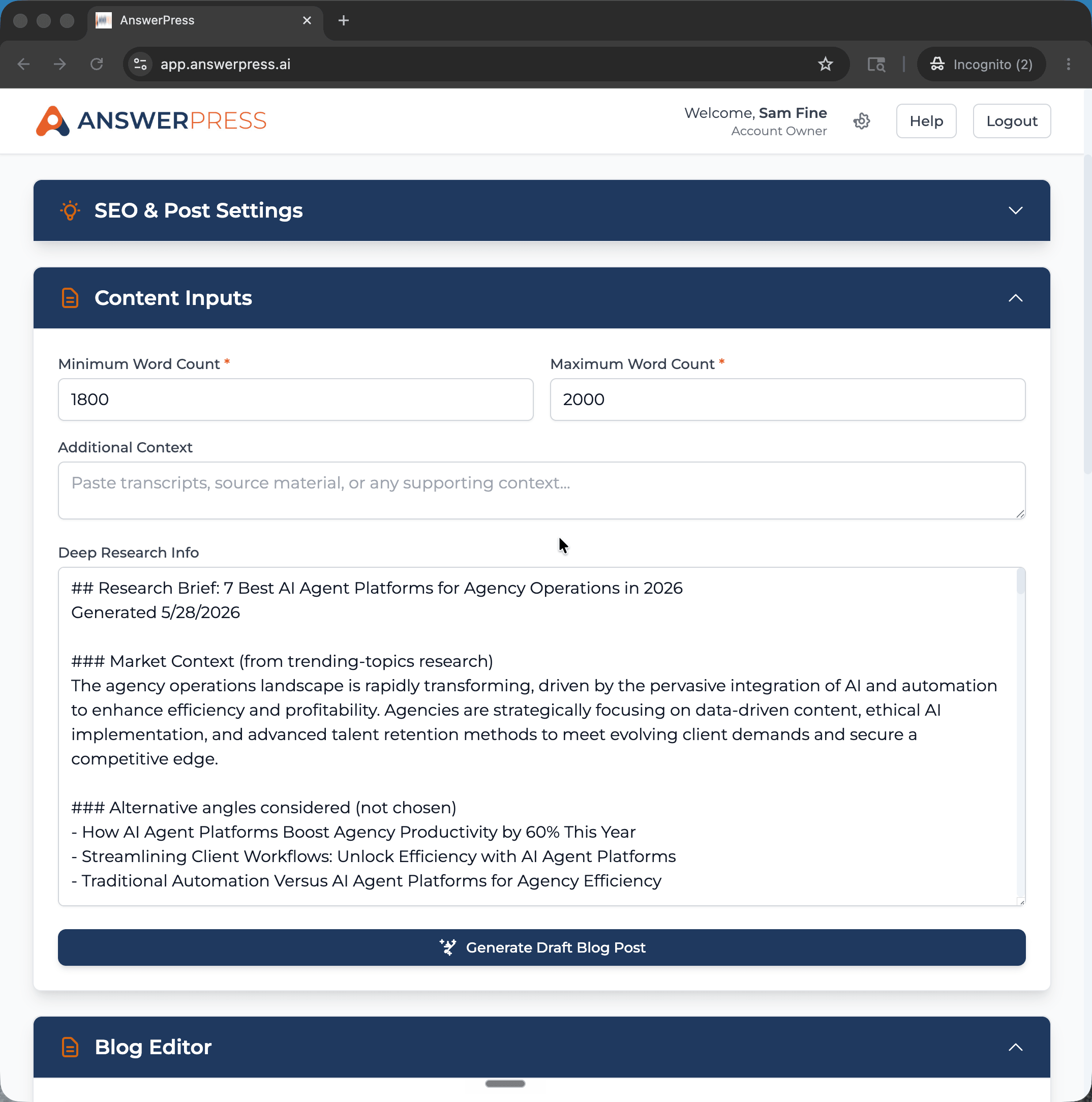 AnswerPress writing brief generator