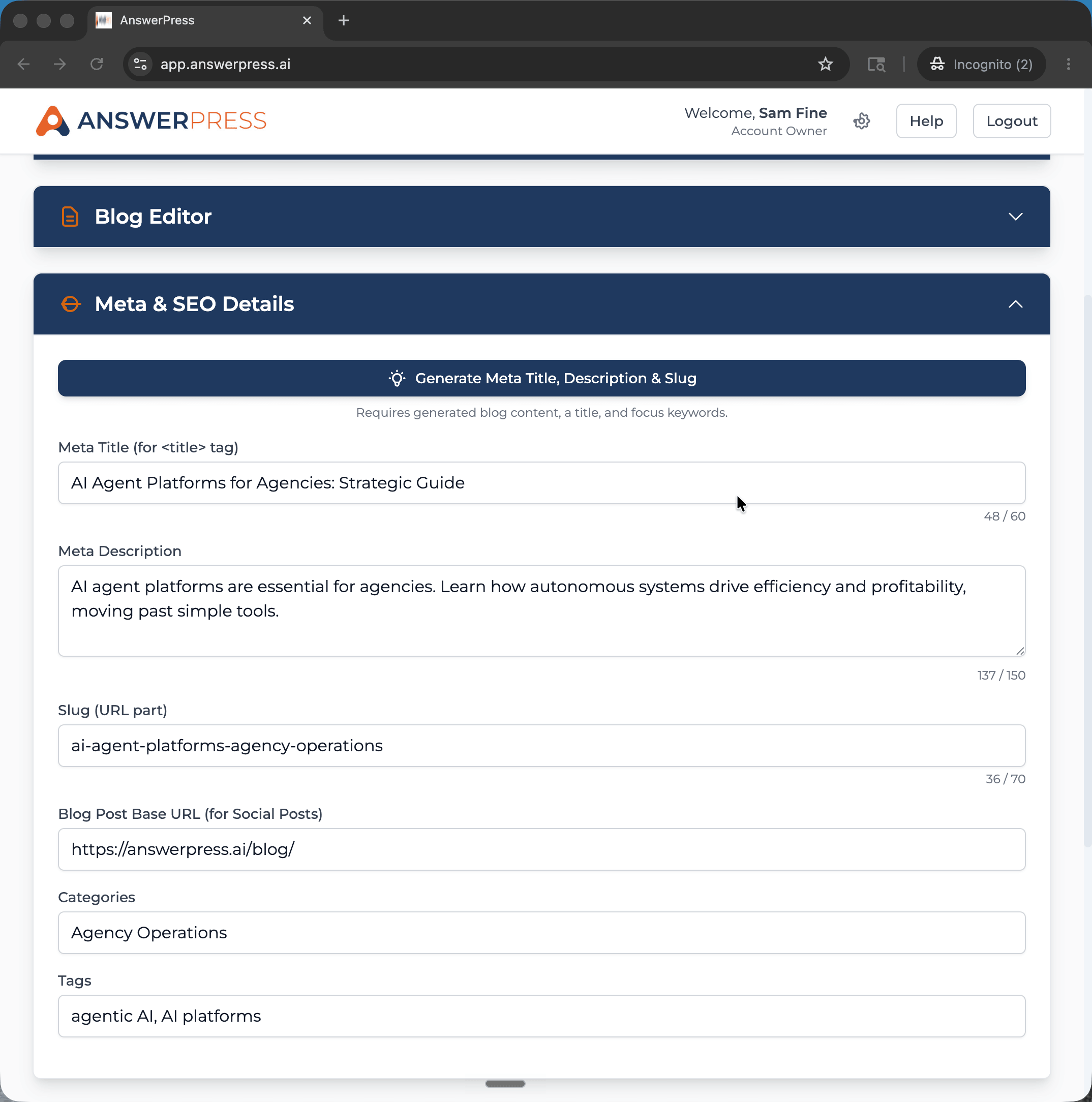 AnswerPress SEO metadata generator