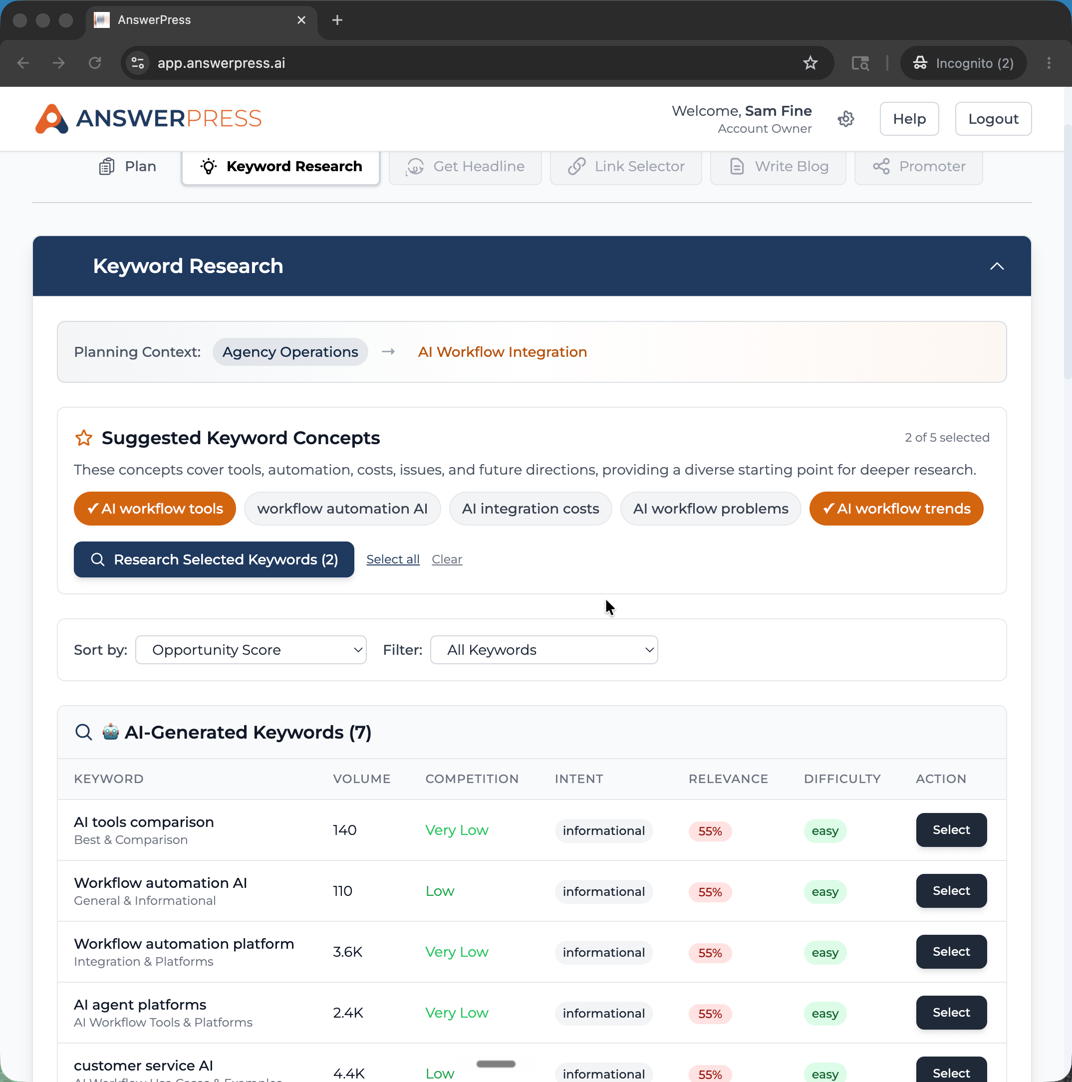 AnswerPress keyword research screen
