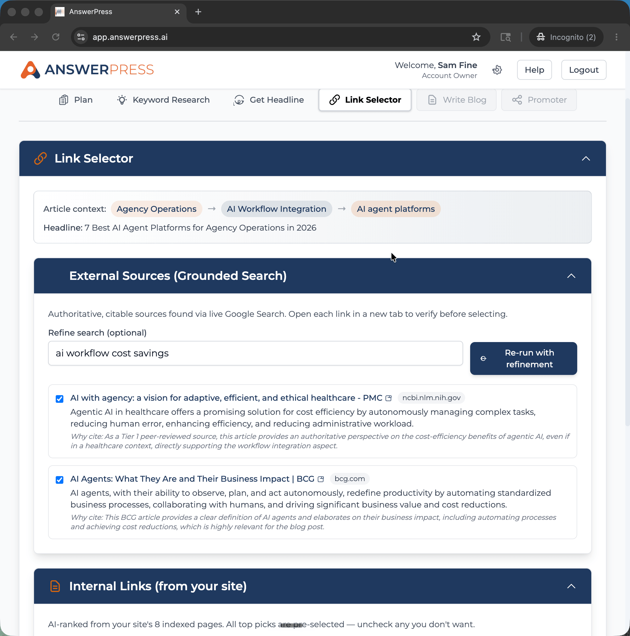 AnswerPress link research screen