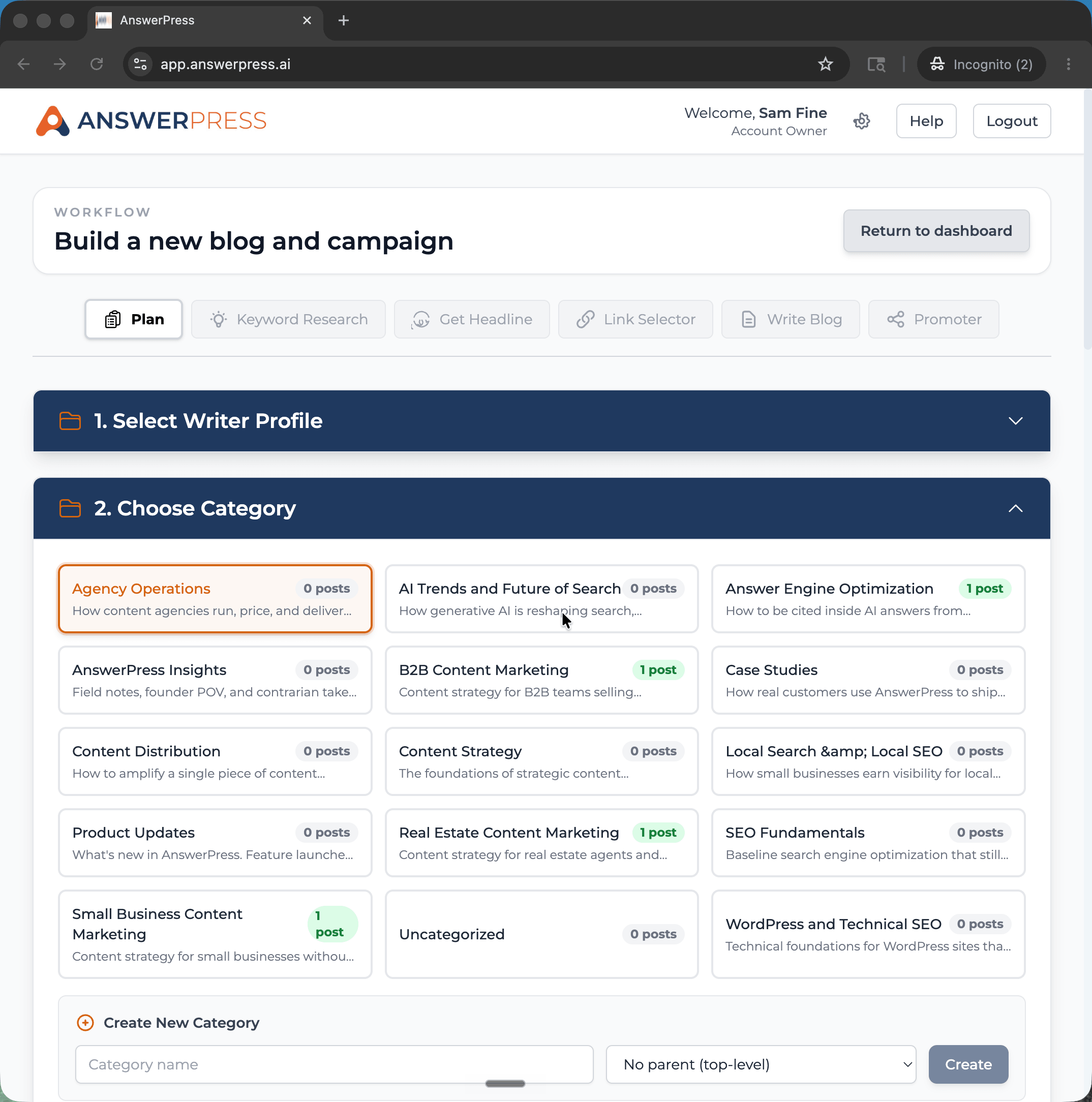 Selecting a campaign category in AnswerPress