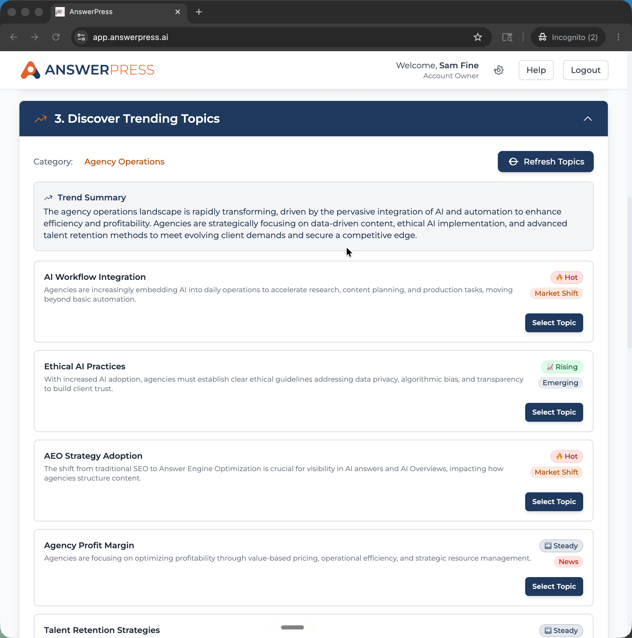 Discovering trending topics in AnswerPress