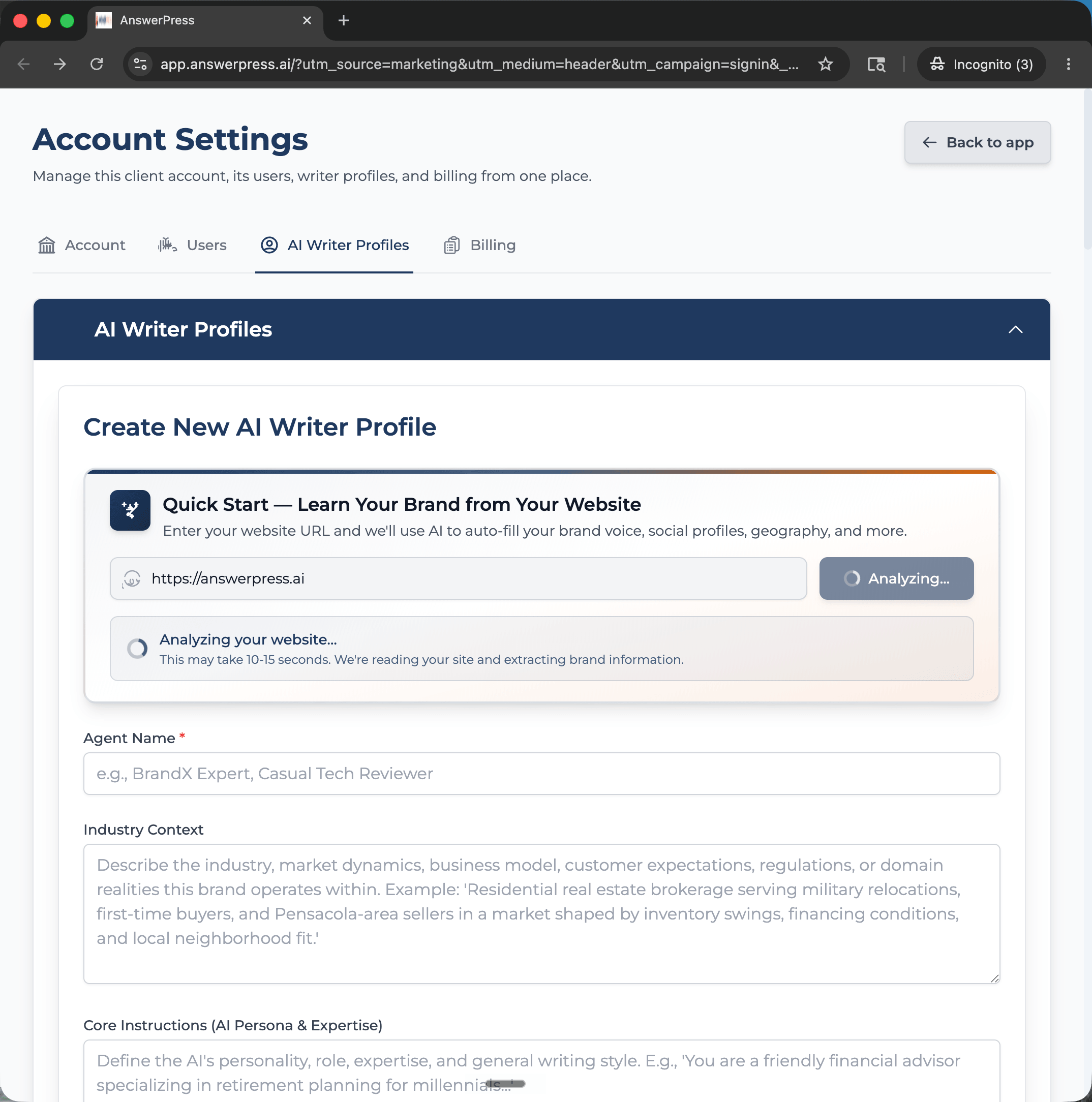 AnswerPress profile analyzer