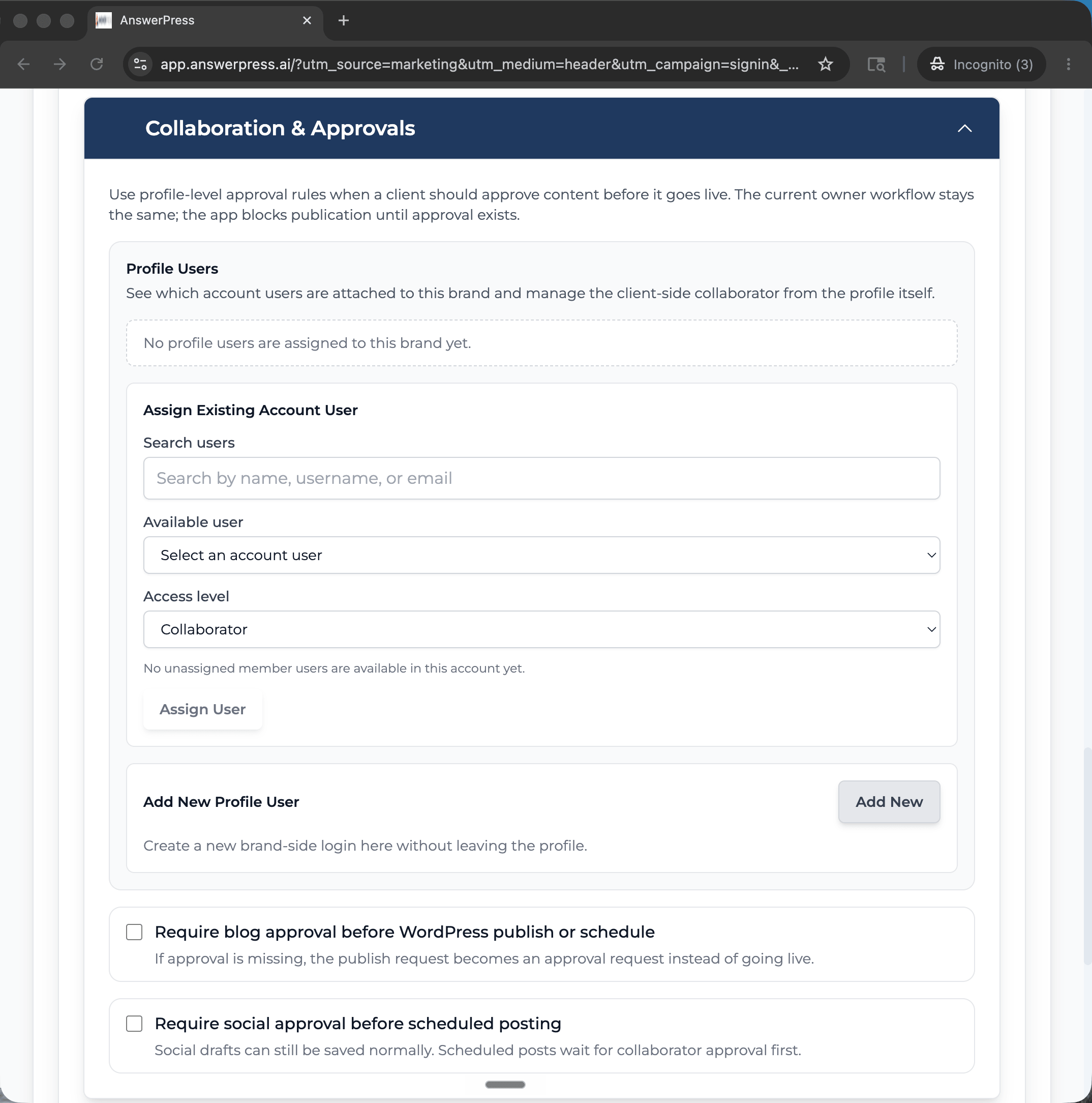 Team collaboration and approval workflow in AnswerPress