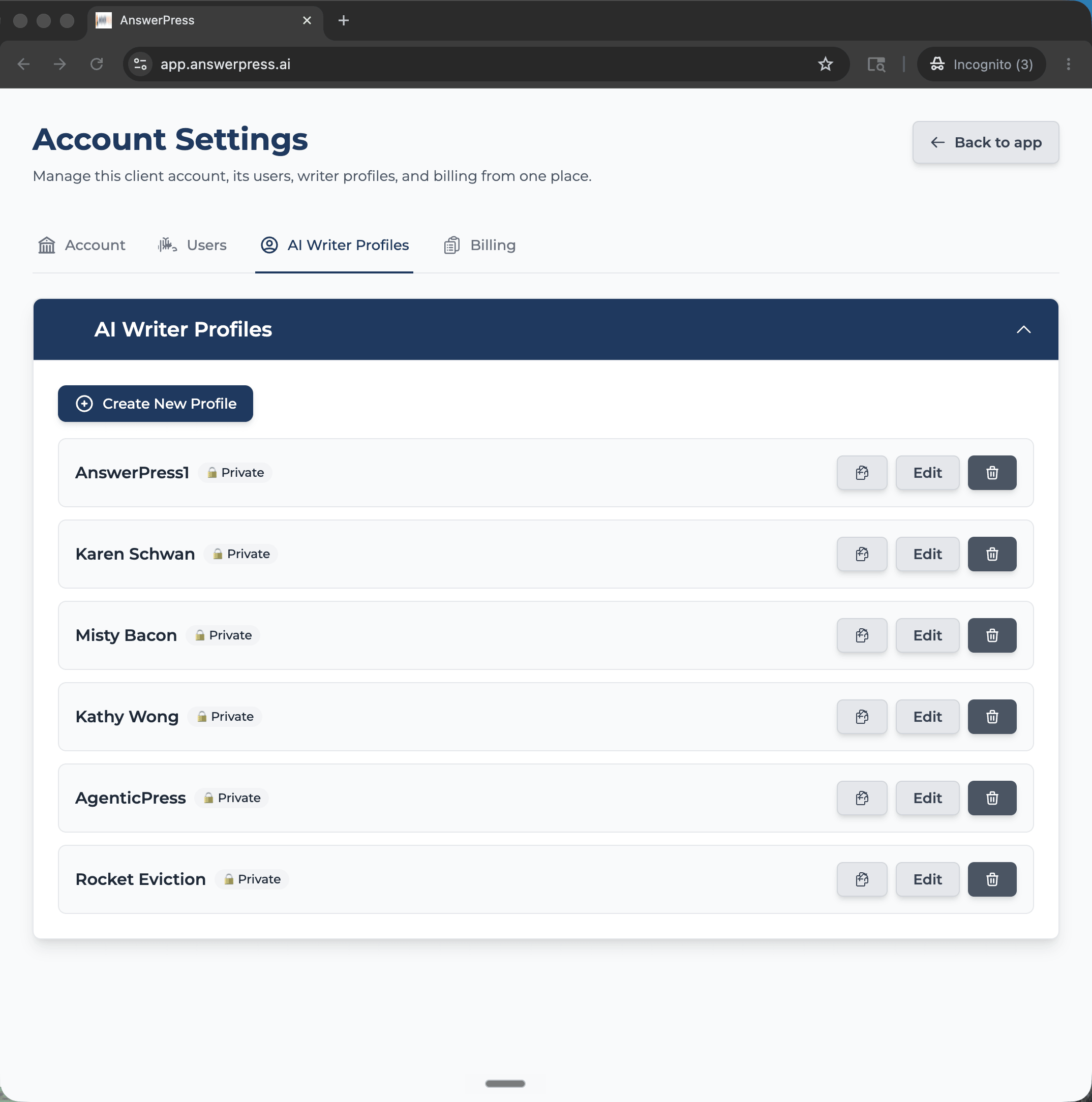 AnswerPress brand profile dashboard