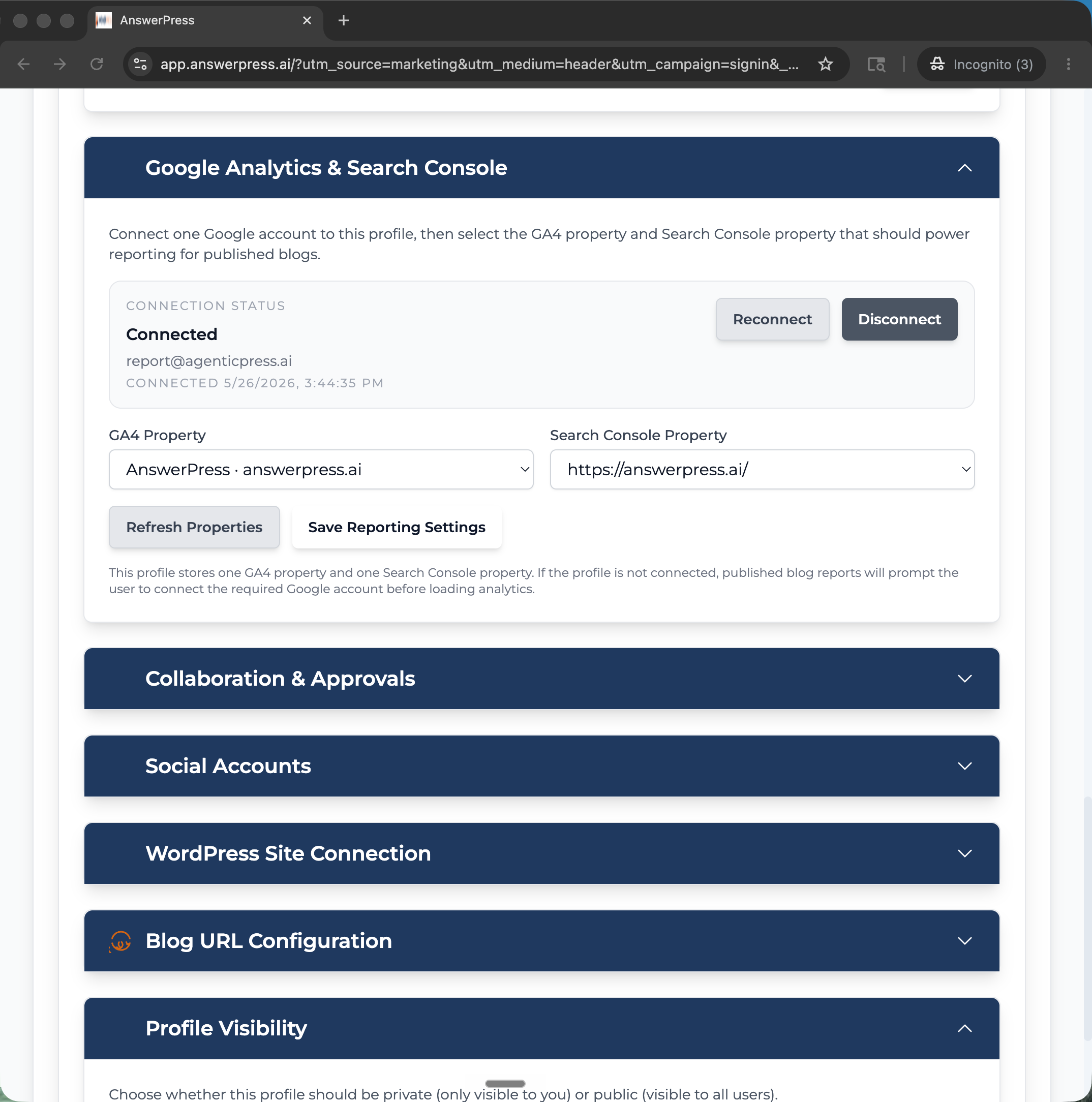 GA4 and Google Search Console connector in AnswerPress