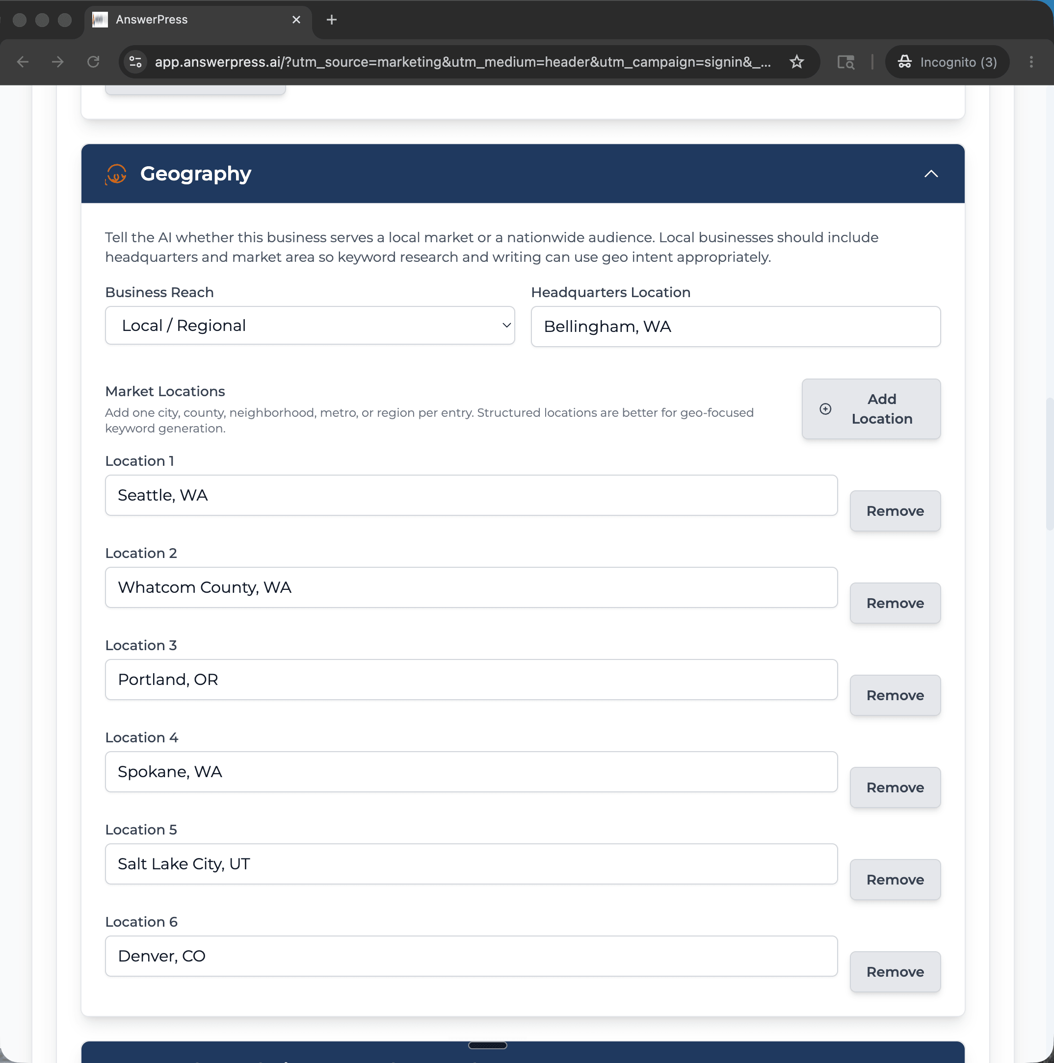 Geography and location targeting in AnswerPress
