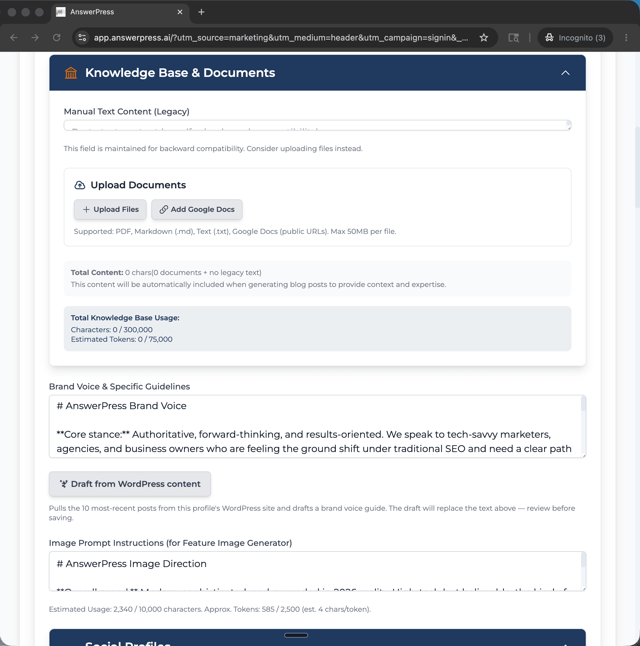 Brand voice and knowledge base setup in AnswerPress