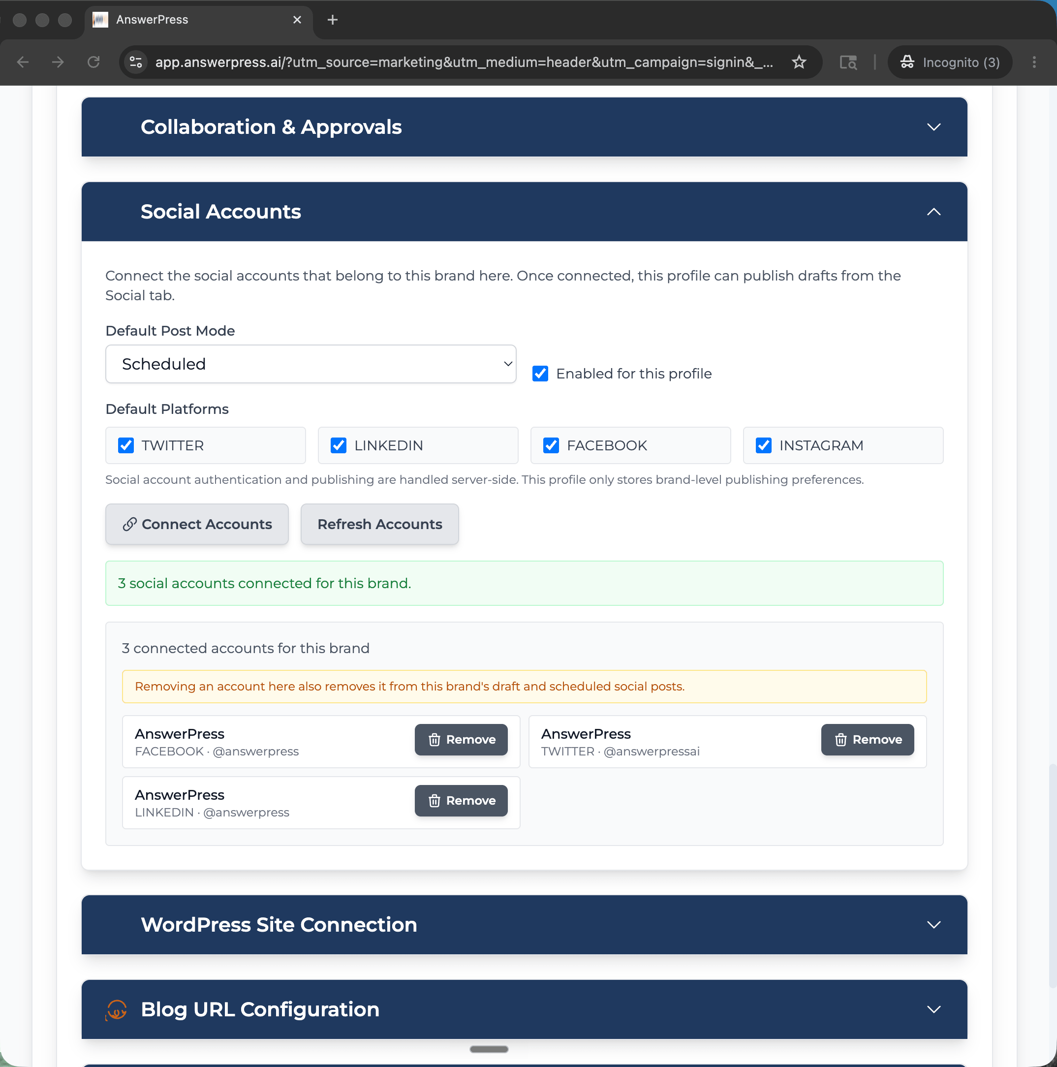 Social account connector in AnswerPress
