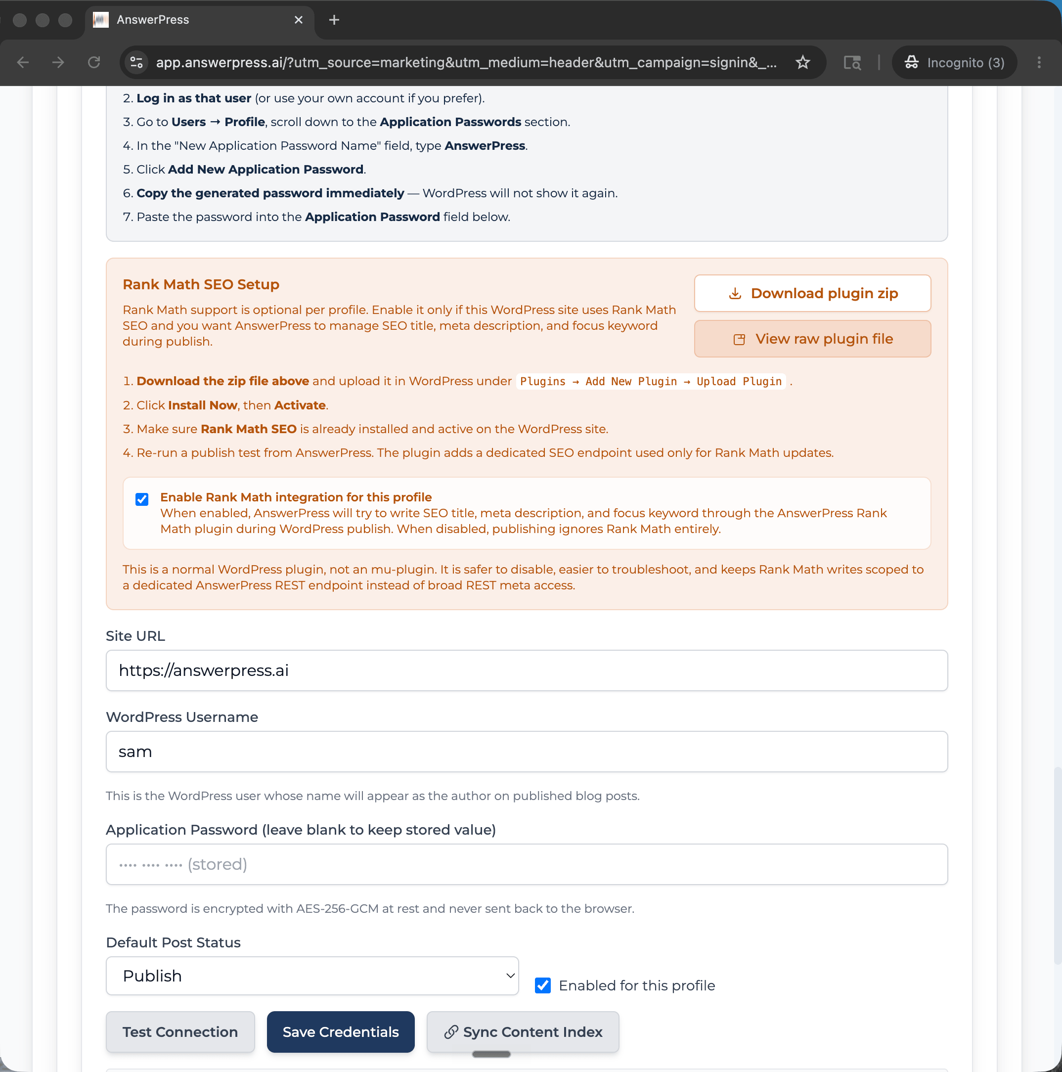 WordPress site connection setup in AnswerPress