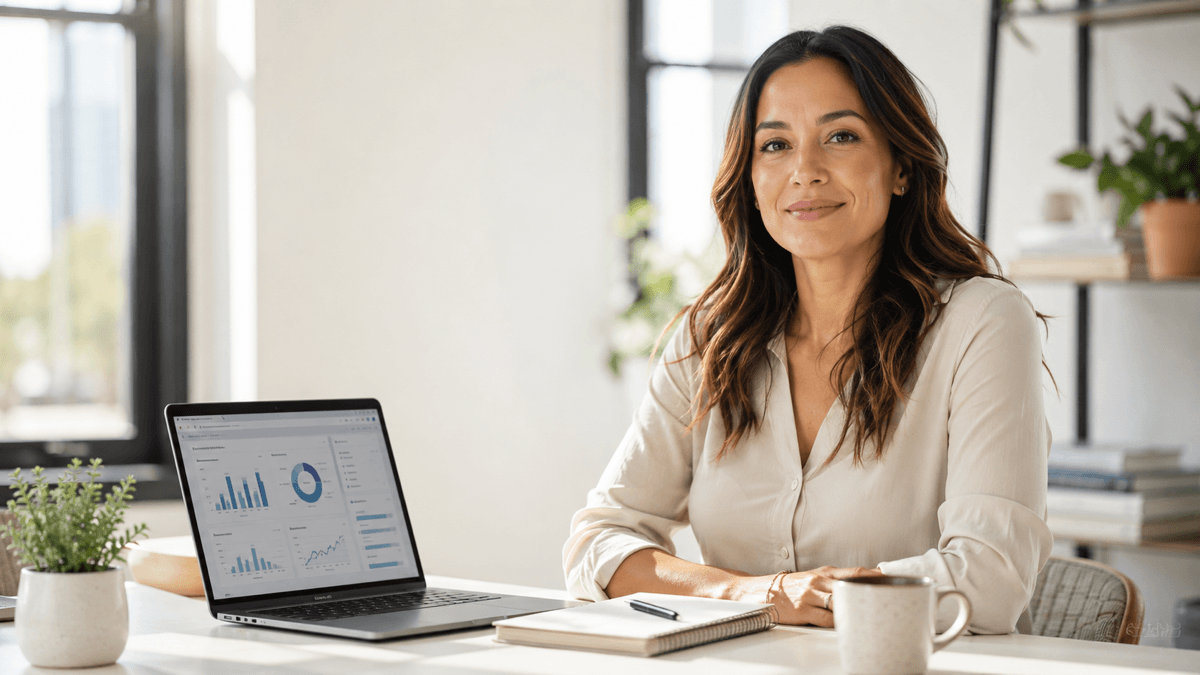 Confident small business owner at a bright office desk reviewing analytics on a laptop while building an AI content strategy