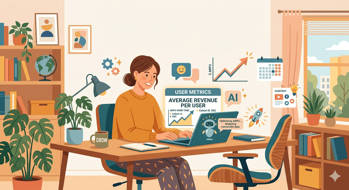 A small business owner smiling at her desk in a cozy home office, analyzing an upward-trending average revenue per user (ARPU) dashboard on her laptop with the help of an AI assistant.