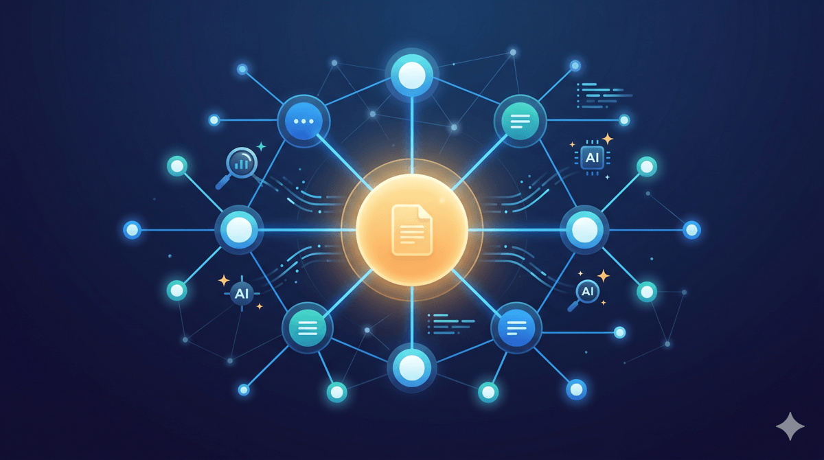 A modern illustration visualizing SEO topic clusters, featuring a central pillar page icon glowing orange, surrounded by connected blue satellite nodes for cluster content. The design represents an internal linking structure optimized for search engines.