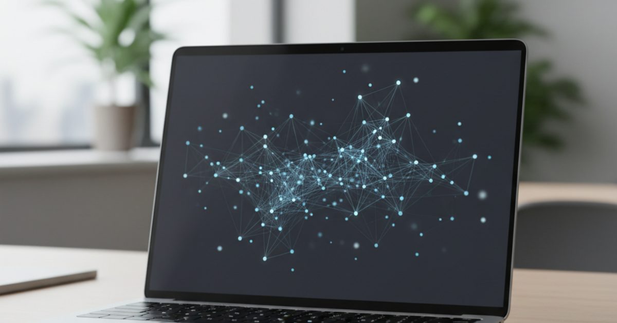 Entity recognition NLP visualized as a connected node network on a laptop screen