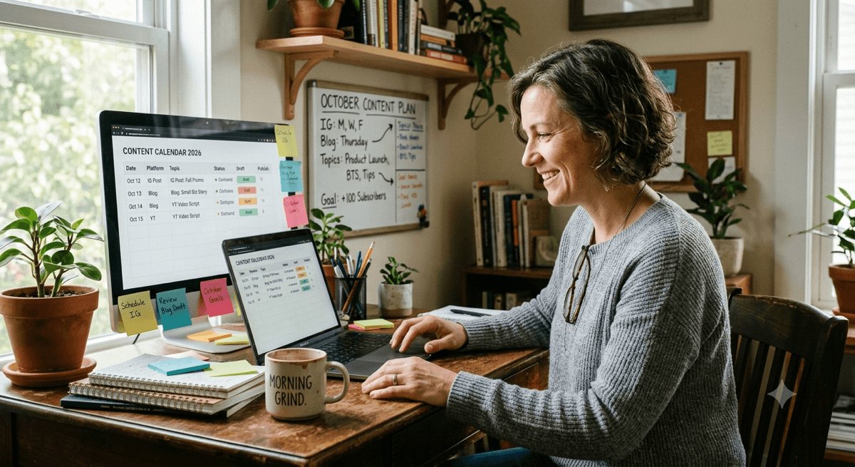 Small business owner working on content marketing automation at a home office desk in 2026