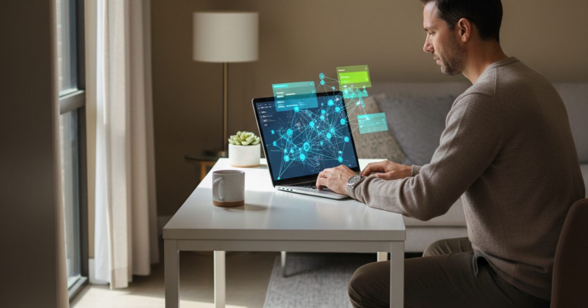 Man at a home desk reviewing future work skills on a laptop with an AI network overlay